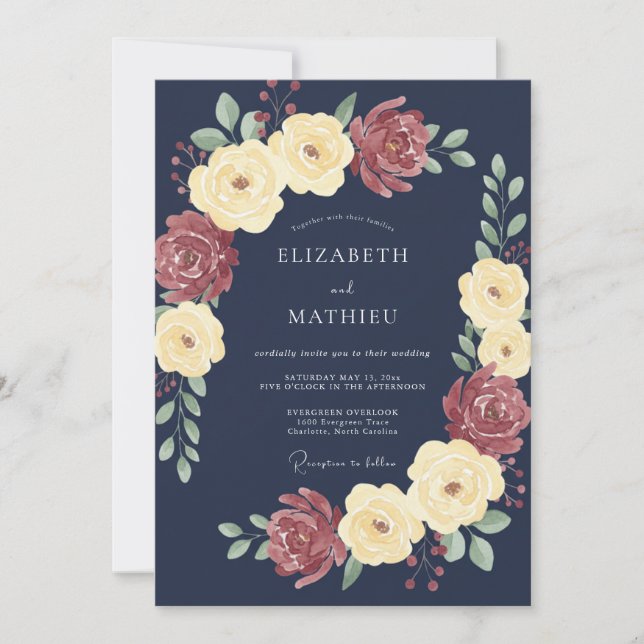 Navy Blue Grand Rose Wedding Invitation (Front)