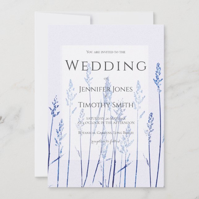 Navy blue grass  leaves nature wedding  invitation (Front)