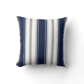 Navy Blue, Gray and White Vertical Stripes Pattern Throw Pillow
