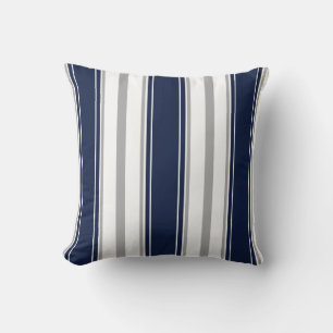 Navy Blue, Gray and White Vertical Stripes Pattern Throw Pillow