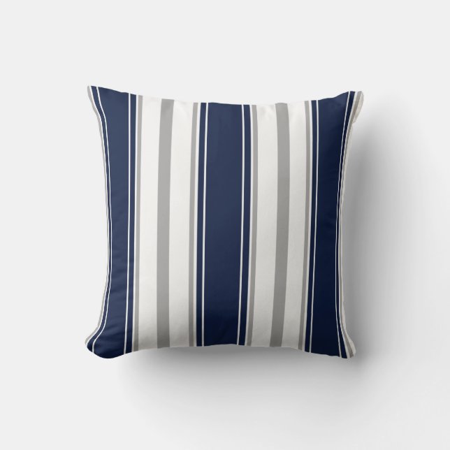 Navy Blue, Gray and White Vertical Stripes Pattern Throw Pillow (Front)