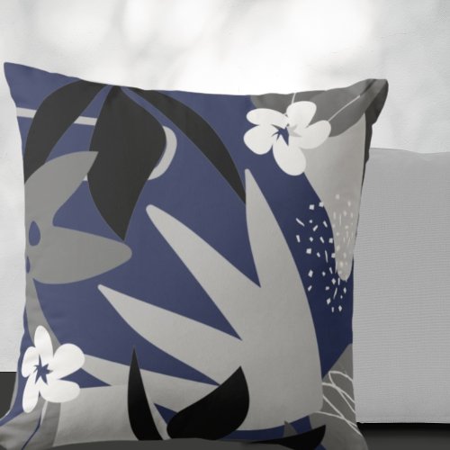 Navy Blue  Gray Artistic Abstract Floral Pattern Throw Pillow