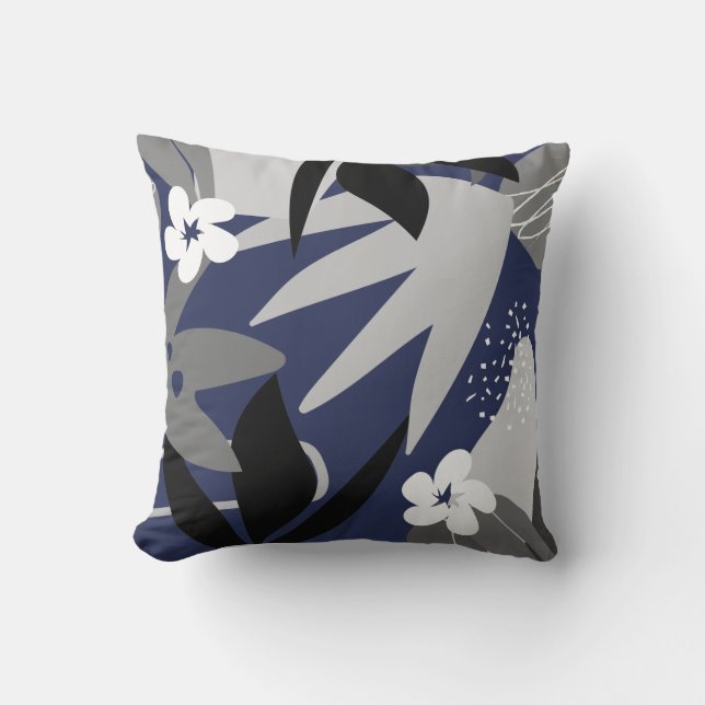 Navy Blue & Gray Artistic Abstract Floral Throw Pillow (Front)