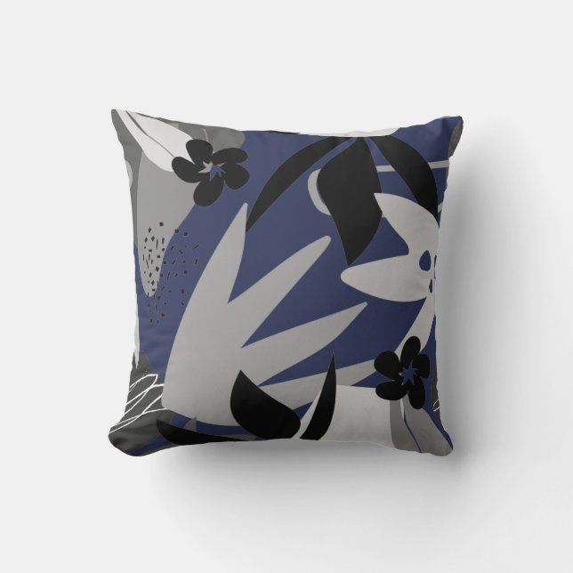 Navy Blue & Gray Artistic Abstract Leaves Throw Pillow (Front)