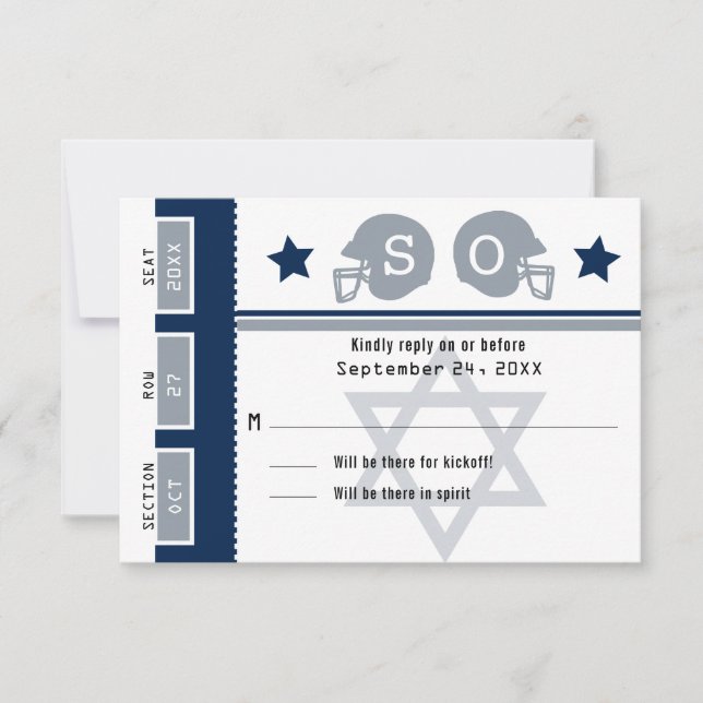 Navy Blue Gray Bar Mitzvah Football Ticket RSVP (Front)
