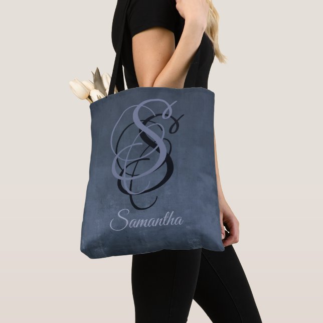 Navy Blue Gray Black rustic monogram ombre Tote Bag (Close Up)