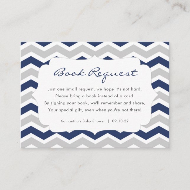 Navy Blue Gray Boy Baby Shower book request Enclosure Card (Front)