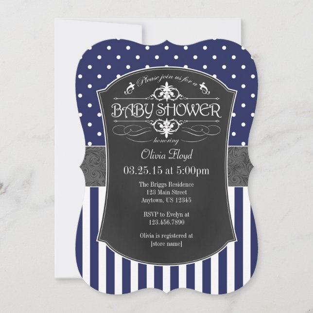 Navy Blue Gray Chalkboard Stripes Baby Shower Invitation (Front)