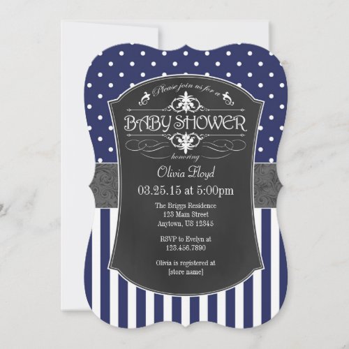 Navy Blue Gray Chalkboard Stripes Baby Shower Invitation