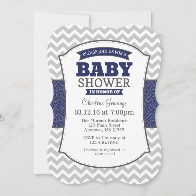 Navy Blue Gray Chevron Baby Shower Invitation (Front)