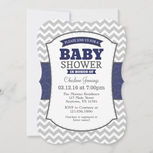 Navy Blue Gray Chevron Baby Shower Invitation