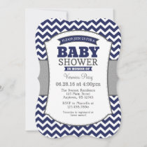 Navy Blue Gray Chevron Baby Shower Invitation