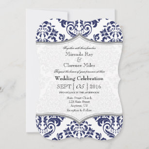 Navy Blue Gray Damask Bracket Wedding Invite