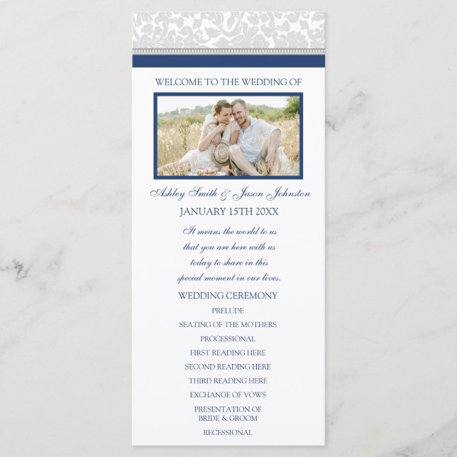 Navy Blue Gray Damask Photo Wedding Program (Front)