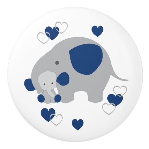 Navy Blue Gray Elephant Boy Baby Nursery Hearts Ceramic Knob