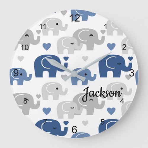 Navy Blue Gray Elephant  Large Clock