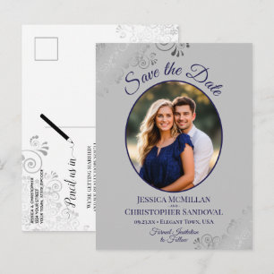 Navy Blue & Gray Fancy Wedding Save the Date Photo Announcement Postcard