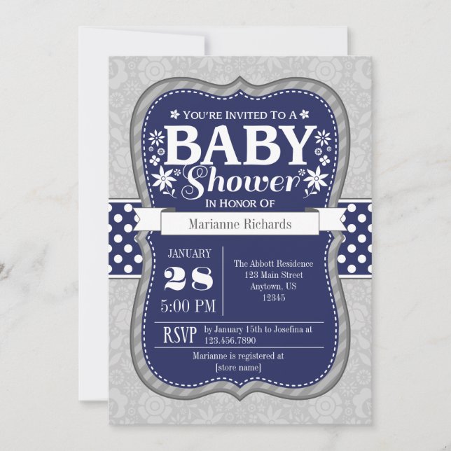 Navy Blue Gray Floral Baby Shower Invitation (Front)