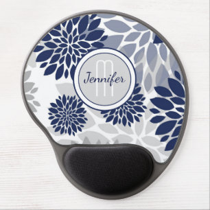 Navy Blue Gray Floral Monogram Gel Mouse Pad
