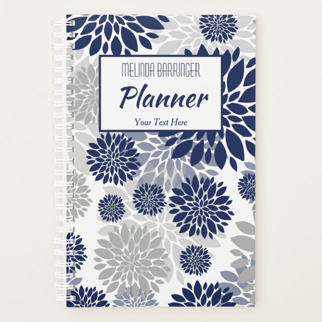 Navy Blue Gray Floral Monogram Planner (Front)