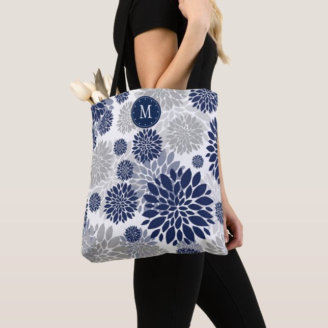 Navy Blue Gray Floral Monogram Tote Bag (Close Up)