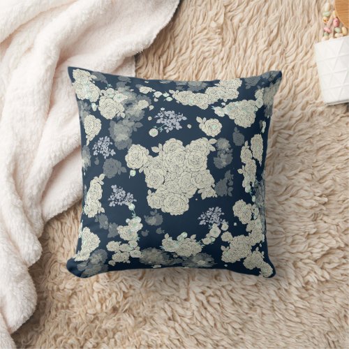 Navy Blue Gray Floral Pattern Pillow