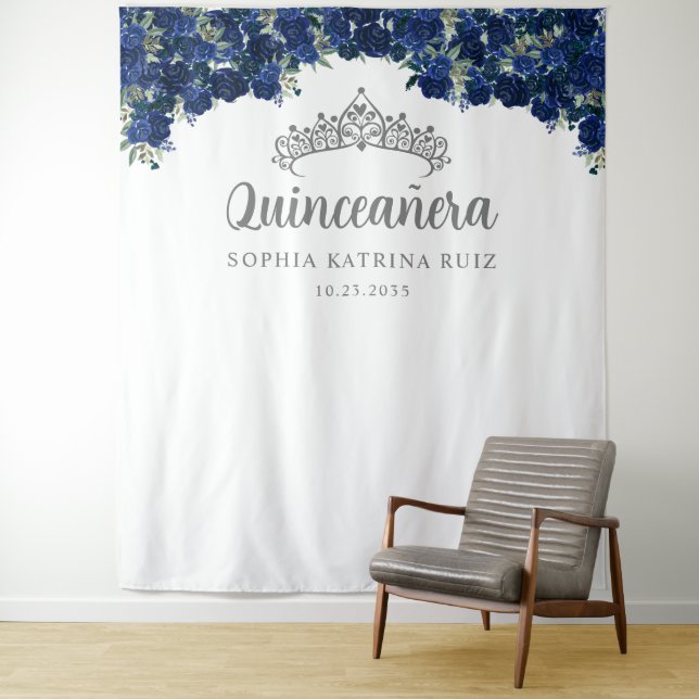 Navy Blue Gray  Floral Quinceanera Photo Backdrop (In Situ)