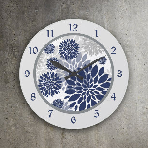 Navy Blue Gray Flower Graphic Large Clock