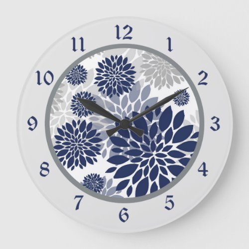 Navy Blue Gray Flower Graphic Large Clock