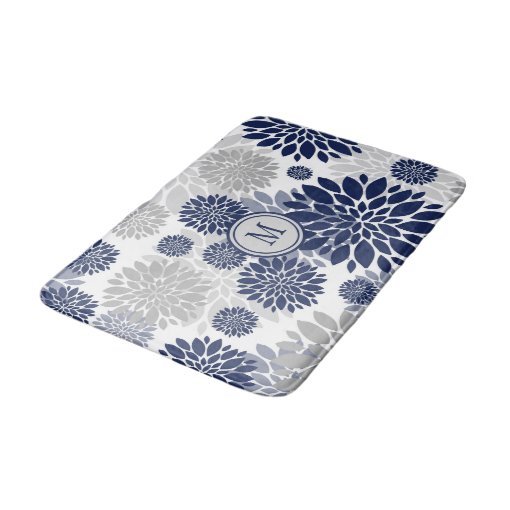 Navy Blue Gray Flower Graphic Pattern Bath Mat Zazzle