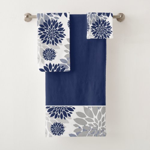 Navy Blue Gray Flower Graphic Pattern Bath Towel Set