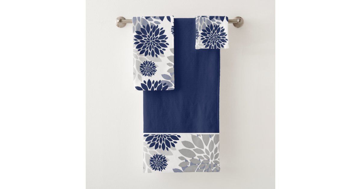 Navy Blue Gray Flower Graphic Pattern Bath Towel Set ...