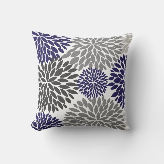 Navy Blue Gray Flower Pattern,flowers,Wildflowers Throw Pillow (Front)