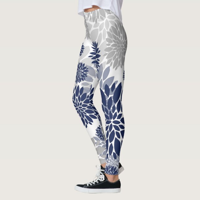 Navy Blue Gray Flower Pattern Leggings (Left)