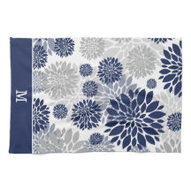 Navy Blue Gray Flower Pattern Monogram