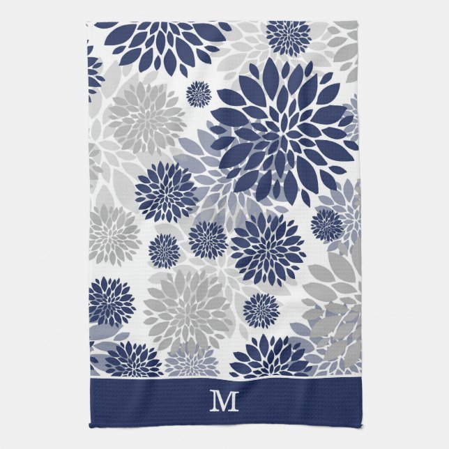 Navy Blue Gray Flower Pattern Monogram Kitchen Towel (Vertical)