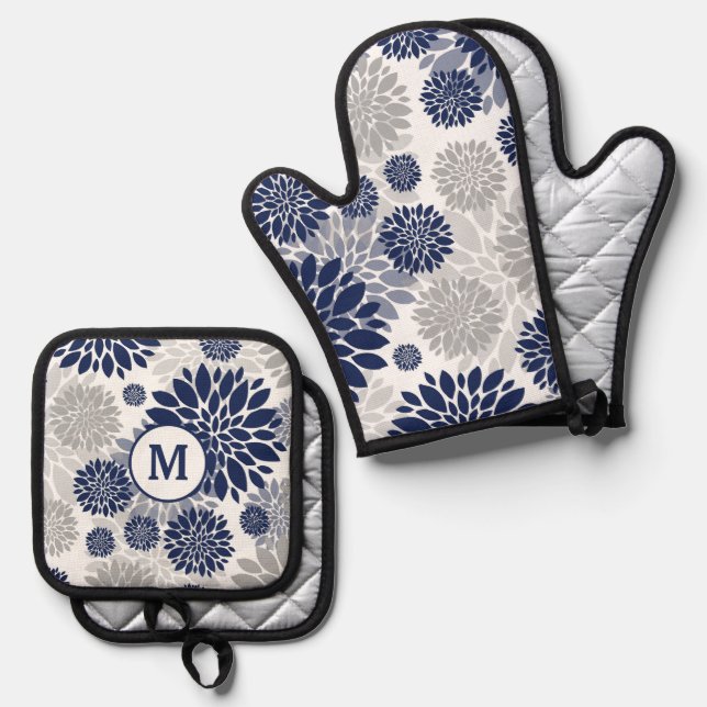 Navy Blue Gray Flower Pattern Monogram Oven Mitt & Pot Holder Set (Front/Back)
