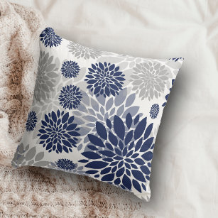 Navy Blue Gray Flower Pattern Throw Pillow