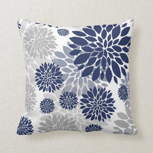 Navy Blue Gray Flower Pattern Throw Pillow