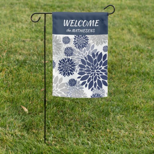 Navy Blue Gray Flower Pattern Welcome Garden Flag