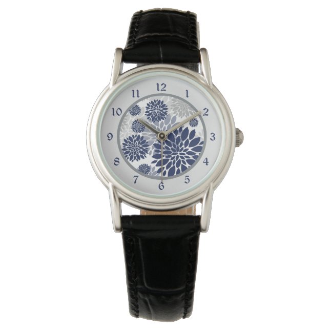 Navy Blue Gray Flower Watch (Front)