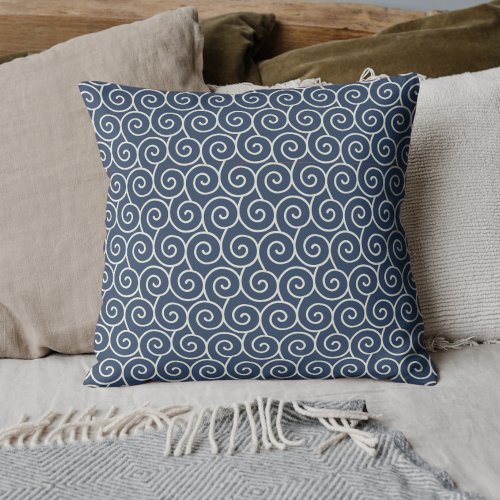 Navy Blue  Gray Geometric Ocean Wave Swirl Throw Pillow