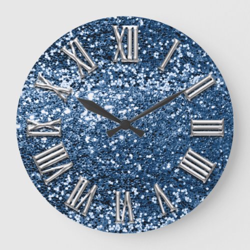 Navy Blue Gray Glitter Gray Silver Roman Number Large Clock