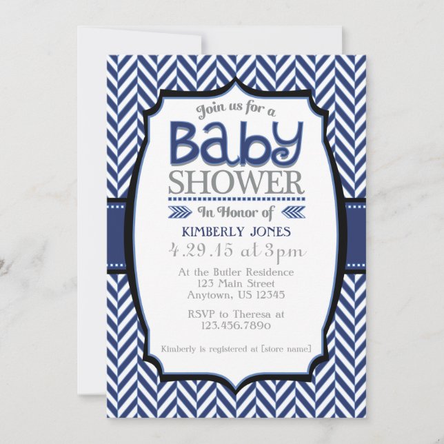 Navy Blue Gray Herringbone Baby Shower Invitations (Front)