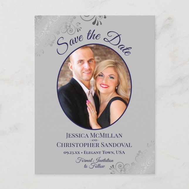 Navy Blue & Gray Lace Wedding Save the Date Photo Announcement Postcard (Front)