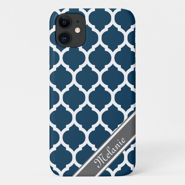 Navy Blue & Gray Lattice Custom Name Case-Mate iPhone Case (Back)