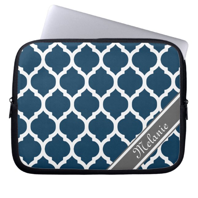 Navy Blue & Gray Lattice Custom Name Laptop Sleeve (Front)