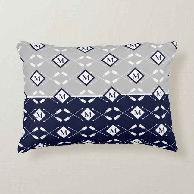 Navy Blue Gray Monogram Paddle Lake House Accent P Pillow (Front)