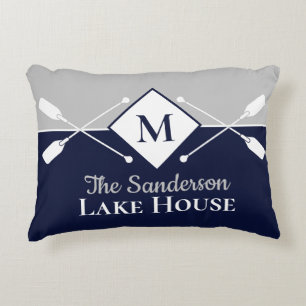 Navy Blue Gray Monogram Paddle Lake House Accent Pillow