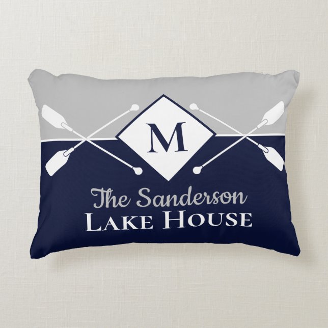 Navy Blue Gray Monogram Paddle Lake House Accent Pillow (Front)
